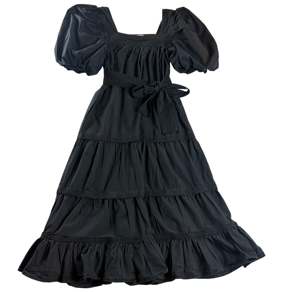 Love The Label Black Cotton Puff Sleeve Midi Dress Small Square Neck Belt